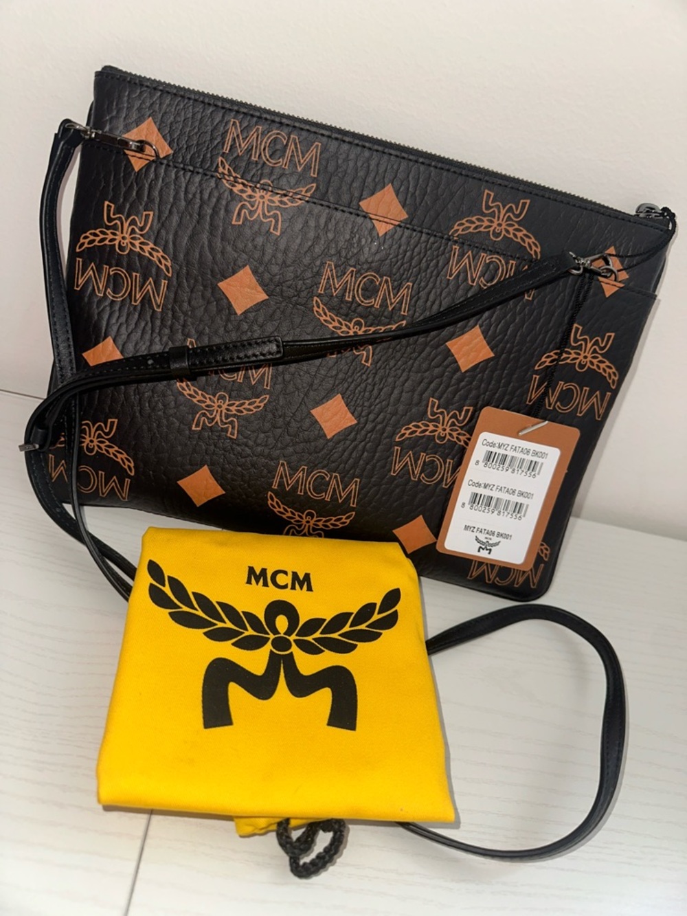 NWT MCM Black & Cognac Logo Aren Crossbody pouch in monogram letter - Picture 3 of 3